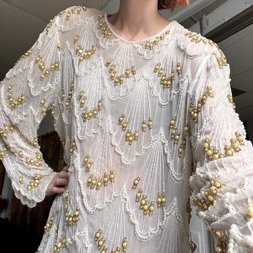 COPY - Vintage silk bridal sheer mini dress with yellow pearl beading